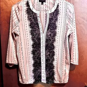 Limited Size Small, Pinky Beige Blouse with Black Dots and Black Lace Trim.
